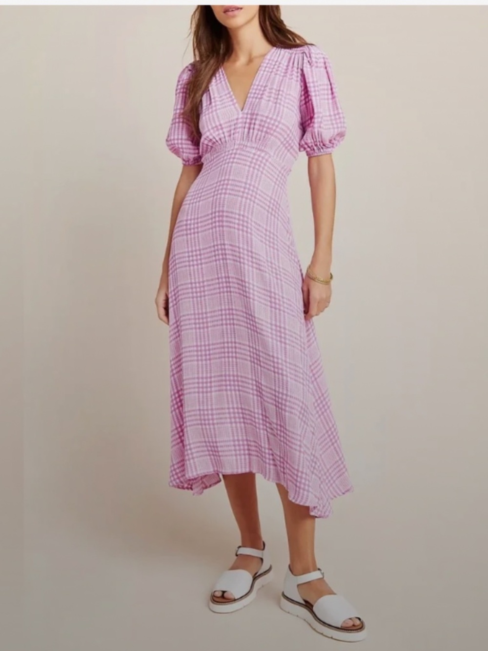 Faithfull the Brand Pink Gingham V-Neck Maxi Dress L